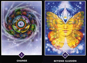 Wheel of Fortune-Jupiter, and Beyond Illusion- Pluto. From The Osho Zen Tarot