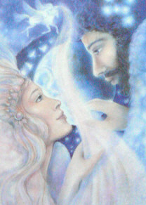Orion and Angelica, Father love and Mother love. Illustration by Pamela Matthews from Aura-Soma tarot